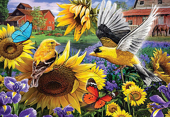 Goldfinches In The Sunflowers, horse, birds, painting, butterfly, blossoms, house, garden HD wallpaper