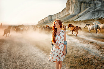 Pretty Cowgirl on the Ranch, horses, cowgirl, model, redhead, dress HD wallpaper