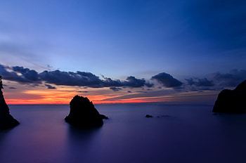 Nature, Sunset, Sky, Clouds, Rocks, Shore, Bank, Ocean, Evening, Japan, Island, Calm, Shizuoka Prefecture HD wallpaper