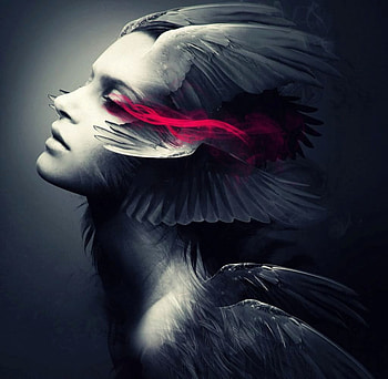 Crimson Tears II, feathers, bird, fantasy, magical, beautiful, woman, dark HD wallpaper