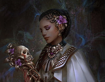 Justine, art, girl, hoanglap solan, purple, hoanglap, fantasy, flower, skyll, luminos HD wallpaper