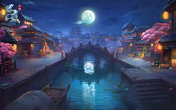 Moon over Bridge, night, bridge, houses, Moon HD wallpaper
