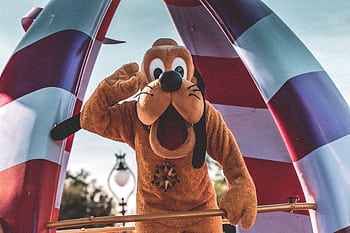 Playful Pluto character waving during a sunny Orlando parade at an amusement park. HD wallpaper