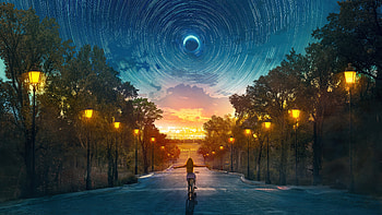 Moonlit Sunset Ride — Girl in Artistic Landscape, moon, landscape, girl, artistic, sunset HD wallpaper