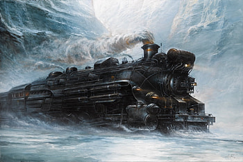 Transsiberian, steampunk, moon, art, snow, locomotive, steam HD wallpaper