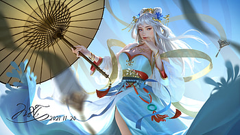 Girl with parasol, yellow, parasol, girl, luminos, blue, view from down, frumusete, gorgeous, gold, superb, ying lee, fantasy HD wallpaper