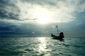 Nature, Sunset, Sea, Clouds, Waves, Boat HD wallpaper
