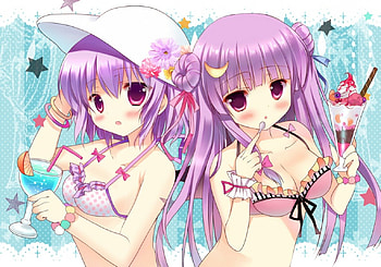 Remilia Scarlet & Patchouli Knowledge, purple hair, cute, patchouli knowledge, long hair, bangle, swimsuit, short hair, hat, female, breasts, sexy, sweet, straw, hot, bikini, star, anime girl, remilia scarlet, cool, touhou, blush, drink HD wallpaper