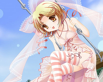 The Swing, cute, dress, nice, short hair, female, sundress, brown eyes, sexy, sweet, ribbon, hot, swing, girl, anime girl, anime, pretty, brown hair, lovely HD wallpaper