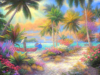 Isle of Palms, seaside, sea, tropical, beaches, attractions in dreams, paintings, summer, love four seasons, boats, nature, flowers, palm trees HD wallpaper