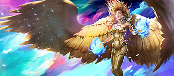 Emberly, blue, golden, wings, frumusete, angel, girl, damian, fantasy, yellow, luminos HD wallpaper