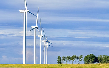 Wind Turbines, trees, sky, field HD wallpaper