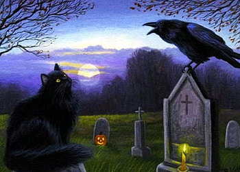 Halloween Guests, artwork, cemetery, painting, raves, pumpkin, cat HD wallpaper