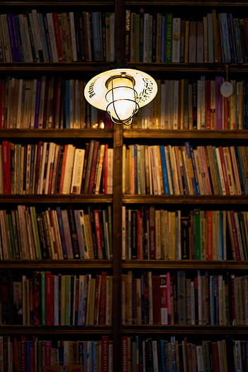 Bookshelf in a library illuminated by a warm lightbulb, creating a cozy ambiance. HD phone wallpaper