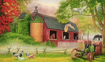 Barnyard gathering, barn, barnyard, gathering, animals, trees, peaceful, serenity HD wallpaper