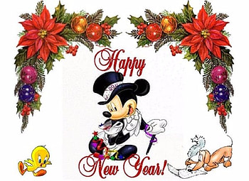 Happy New Year 2018, Hats, Year, Mouse, 2018, Mickey, Happy, Flowers, New, Birds HD wallpaper