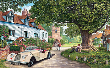 A Drive Out, painting, lane, car, cottage, tree HD wallpaper