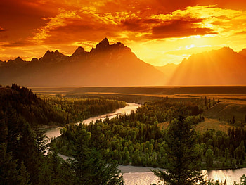 Sunlights, river, beautiful, yellow, red, clouds, trees, view, nature, mounts, sky, mountains, sun, hill HD wallpaper