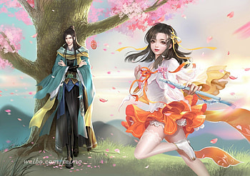 Fantasy couple, fantasy, man, feimo, couple, girl, orange, tree HD wallpaper