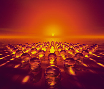 Spheres into the Sunset, globes, orange, sun, spheres, sunset HD wallpaper