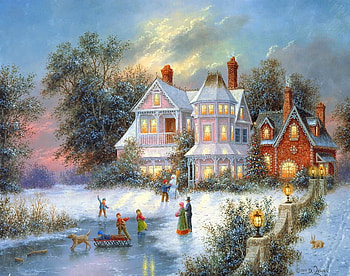 By Dennis Lewan, winter, river, painting, dennis lewan, art, snow, cottage, ice HD wallpaper