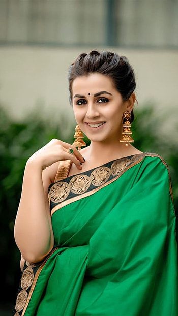 Nikki Galrani, Green, Saree HD phone wallpaper