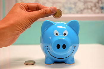 Hand inserting a coin into a blue piggy bank for savings and money management. HD wallpaper