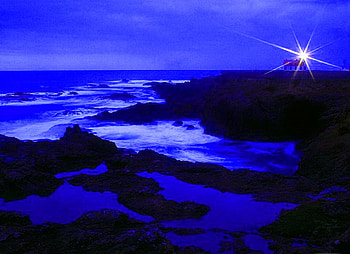 Beacon in the blue, night, shore, waves, light, rocks, ocean HD wallpaper