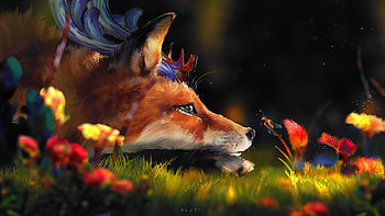 Flower meadow, summer, fantasy, art, vulpe, luminos, orange, fox, vara HD wallpaper