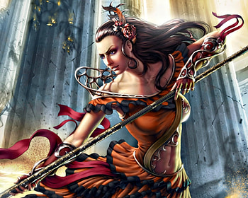 Christina, blue, skavenzverov, girl, orange, woman, fantasy, red, game, spear HD wallpaper