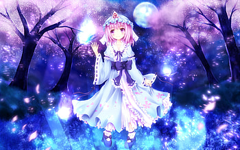 Anime - Touhou Yuyuko Saigyouji Pink Hair Purple Eyes Dress MÃ¥nen Japanese Clothes Bakgrund HD wallpaper