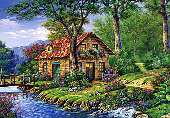 Countryside serenity, tranquility, river, creek, art, house, peaceful, beautiful, serenity, summer, paitning, bridge, trees, cottage, forest, countryside HD wallpaper