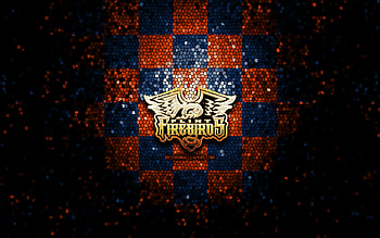 Flint Firebirds, glitter logo, OHL, blue orange checkered background, hockey, canadian hockey team, Flint Firebirds logo, mosaic art, Canada HD wallpaper