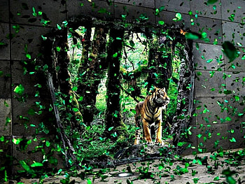 THROUGH THE WALL OF NATURE, through, tiger, art, wild, fantasy, animals, drawing, green, cool, break, trees, greenery, nature, jungle, wall HD wallpaper