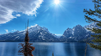Jenny Lake, Grand Teton NP, trees, clouds, sky, mountains, sun, wyoming, usa HD wallpaper