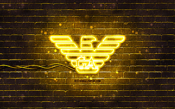 Armani yellow logo, , yellow brickwall, Armani logo, brands, Armani neon logo, Armani HD wallpaper