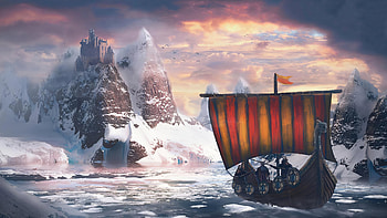 drakkar vikings, sea, snow, castle, mountain, ice HD wallpaper