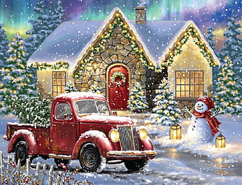 The Cottage at The End of The Lane, christmas, snow, lights, red, cottage, tree, truck, snowman, lantern, wreath HD wallpaper