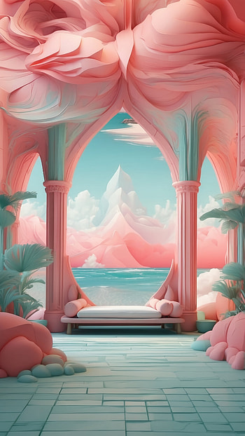 Dreamy Pastel Beach Archway, pink aesthetic, aesthetic, fantasy, architecture, landscape, fantasy landscape HD phone wallpaper