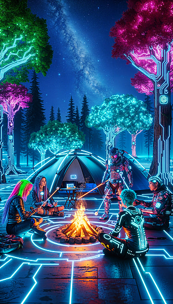 Digital Camping: A Vibrant Adventure, neon, campfire, futuristic, camping HD phone wallpaper