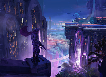 Soldier With Cape Gun Scifi Neon City , scifi, neon, artist, artwork, digital-art HD wallpaper
