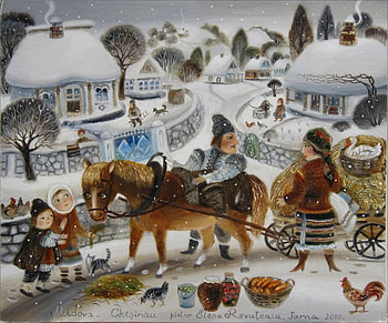 Good-fortune-telling prediction of paintings by Elena Revutskiy, winter, painting, art, snow, elena revutskiy, people HD wallpaper