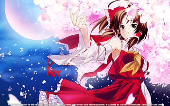 Melody of the Heart, night, reimu hakurei, ribbons, beautiful, red dress, anime girl, moon, petals, miko, touhou, shrine maiden project, cherry blossoms HD wallpaper