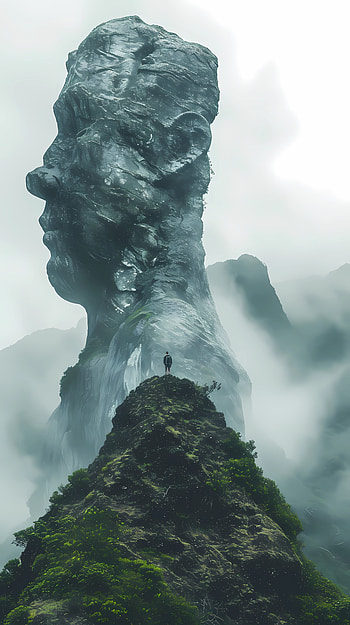 Giant head statue rising from mist, mist, statue, fantasy, nature, mountain HD phone wallpaper