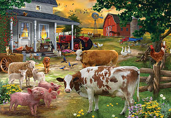 Gathering in the Farmyard, house, dogs, tree, barn, birds, poultry, pigs, painting, cows, sheep, tractor HD wallpaper