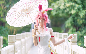 Cosplay, bunny, white, pink, ears, parasol, girl, woman, model HD wallpaper