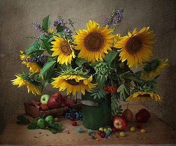 Still life with Sunflowers and apples, Apples, Fruits, Sunflowers, Bouquet HD wallpaper