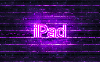 IPad violet logo, , violet brickwall, IPad logo, Apple iPad, brands, IPad neon logo, IPad HD wallpaper