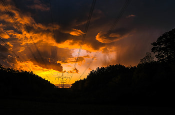 Nature, Trees, Sunset, Clouds, Wires, Wire HD wallpaper