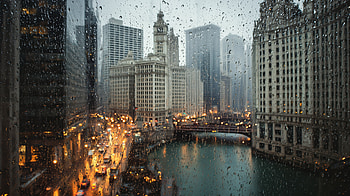 Rainy Chicago River Skyline & Wrigley Building – Iconic Urban Landscape, Chicago, Rainy City, Illinois HD wallpaper